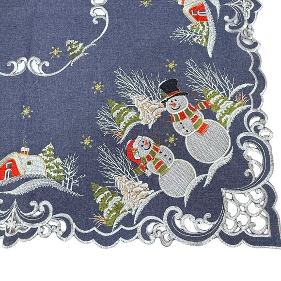 Christmas Tablecloth Holiday Snowmen Blue 32" Square Topper Embroidered - Picture 1 of 9